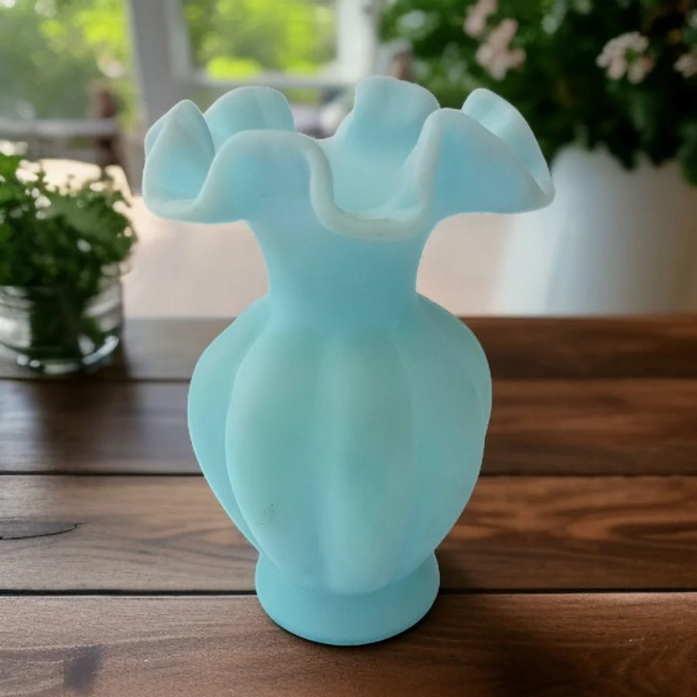 Fenton Satin Art Glass Vase Sky‎ Blue Melon Ruffled Edge Vintage Cottage Garden